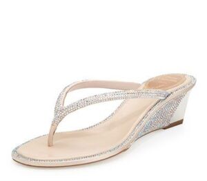 Rene Caovilla Nude Satin Multicolor Rhinestone Thong Wedge Sandals